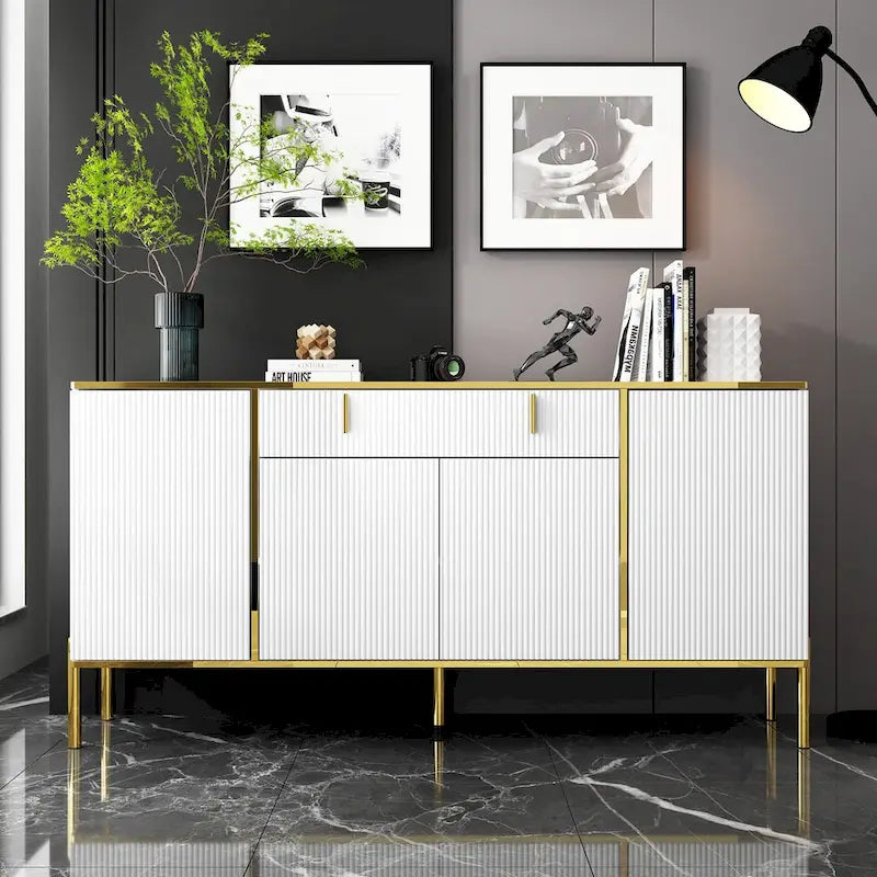 Modern Sideboard Storage Cabinet with Golden Metal Legs - Buffet Credenza for Kitchen Dining Living Room - Particle Board