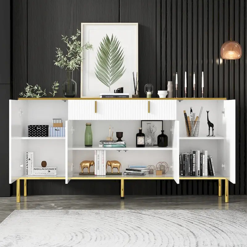 Modern Sideboard Storage Cabinet with Golden Metal Legs - Buffet Credenza for Kitchen Dining Living Room - Particle Board