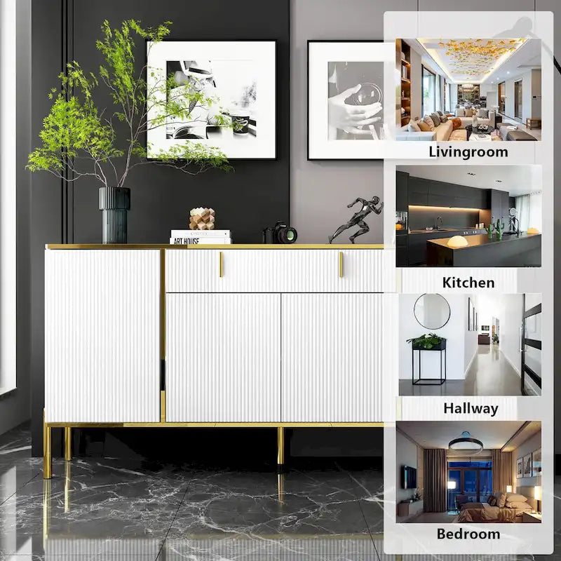 Modern Sideboard Storage Cabinet with Golden Metal Legs - Buffet Credenza for Kitchen Dining Living Room - Particle Board