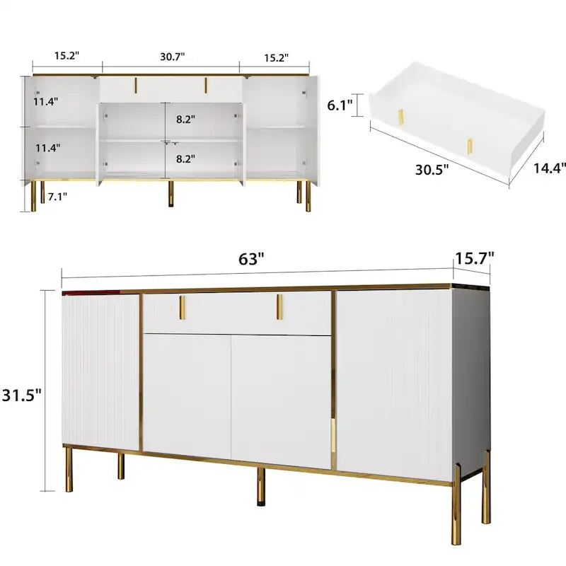 Modern Sideboard Storage Cabinet with Golden Metal Legs - Buffet Credenza for Kitchen Dining Living Room - Particle Board
