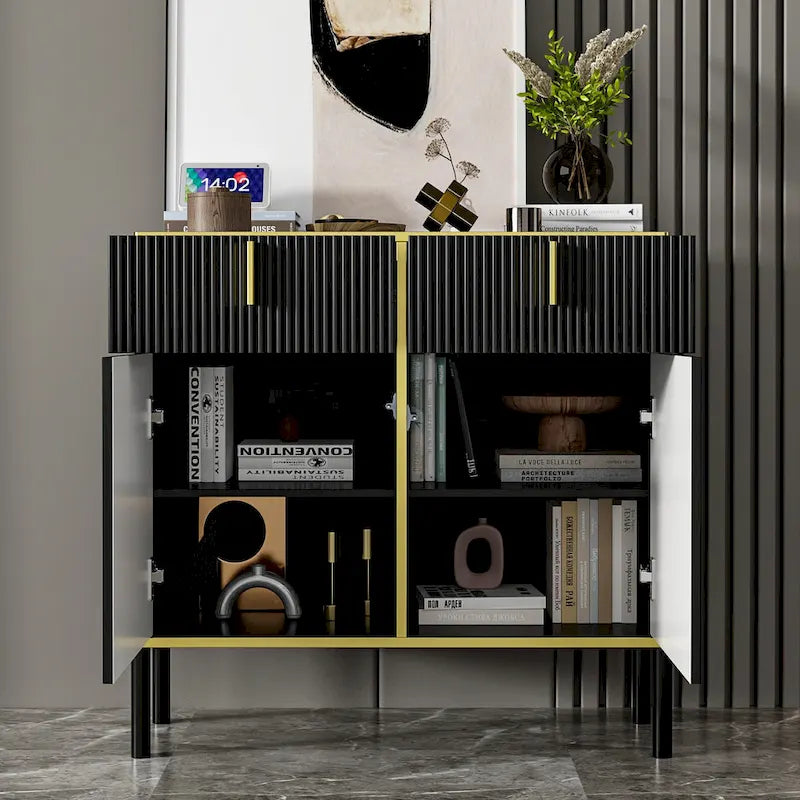 Modern Sideboard Storage Cabinet with Golden Metal Legs - Buffet Credenza for Kitchen Dining Living Room - Particle Board
