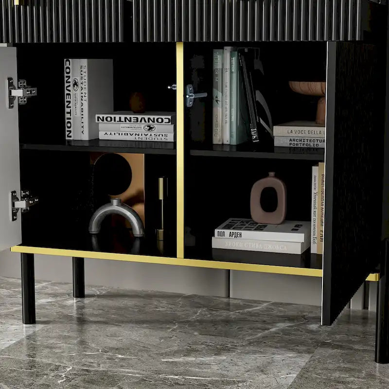 Modern Sideboard Storage Cabinet with Golden Metal Legs - Buffet Credenza for Kitchen Dining Living Room - Particle Board