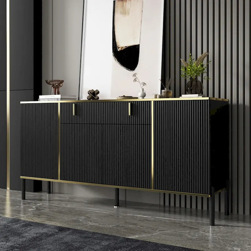 Modern Sideboard Storage Cabinet with Golden Metal Legs - Buffet Credenza for Kitchen Dining Living Room - Particle Board