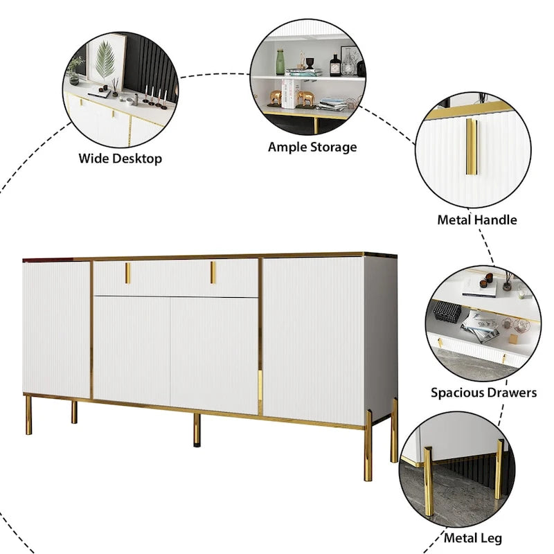Modern Sideboard Storage Cabinet with Golden Metal Legs - Buffet Credenza for Kitchen Dining Living Room - Particle Board
