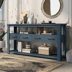 62-Inch Farmhouse Console Table with 4 Drawers, 2 Shelves, MDF Pine Wood for Entryway Living Room