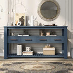 62-Inch Farmhouse Console Table with 4 Drawers, 2 Shelves, MDF Pine Wood for Entryway Living Room