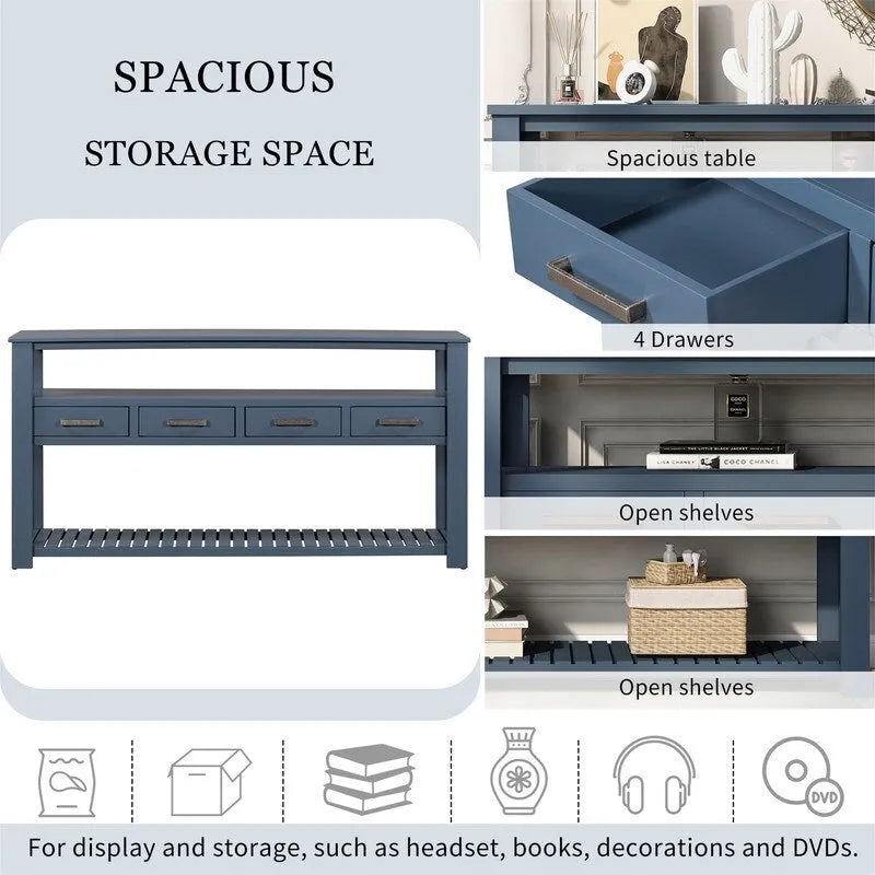 62-Inch Farmhouse Console Table with 4 Drawers, 2 Shelves, MDF Pine Wood for Entryway Living Room