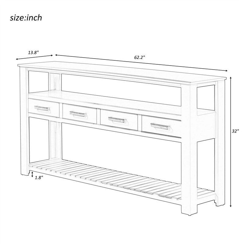 62-Inch Farmhouse Console Table with 4 Drawers, 2 Shelves, MDF Pine Wood for Entryway Living Room