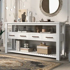 62-Inch Farmhouse Console Table with 4 Drawers, 2 Shelves, MDF Pine Wood for Entryway Living Room