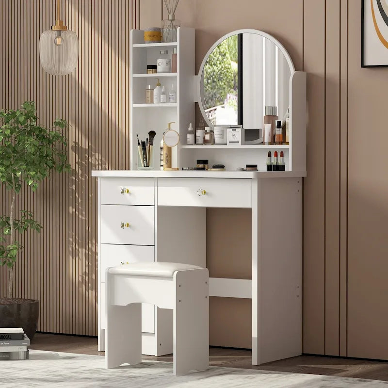 White Makeup Vanity Set with Round Mirror, 5 Drawers & 4 Shelves - 31.5" Dressing Table with Cushioned Stool