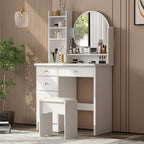 White Makeup Vanity Set with Round Mirror, 5 Drawers & 4 Shelves - 31.5" Dressing Table with Cushioned Stool