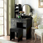 White Makeup Vanity Set with Round Mirror, 5 Drawers & 4 Shelves - 31.5" Dressing Table with Cushioned Stool