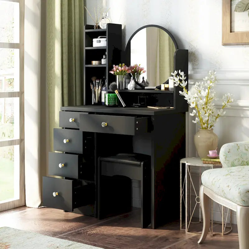 White Makeup Vanity Set with Round Mirror, 5 Drawers & 4 Shelves - 31.5" Dressing Table with Cushioned Stool