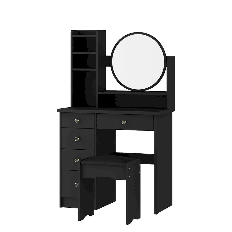 White Makeup Vanity Set with Round Mirror, 5 Drawers & 4 Shelves - 31.5" Dressing Table with Cushioned Stool