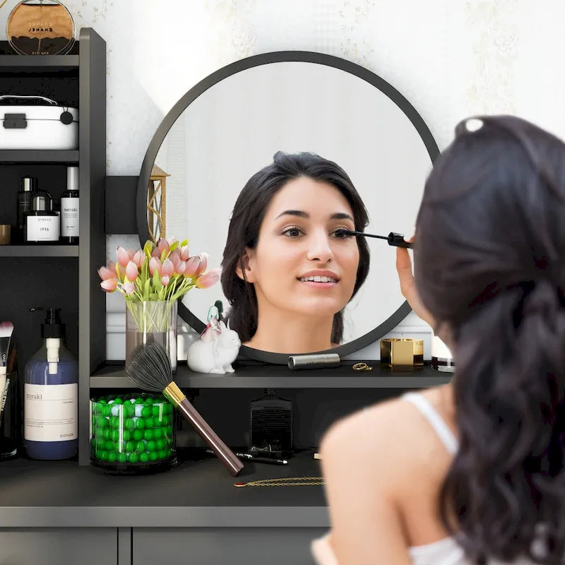 White Makeup Vanity Set with Round Mirror, 5 Drawers & 4 Shelves - 31.5" Dressing Table with Cushioned Stool
