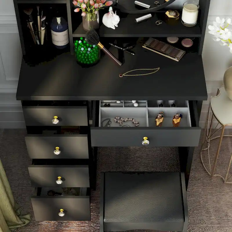 White Makeup Vanity Set with Round Mirror, 5 Drawers & 4 Shelves - 31.5" Dressing Table with Cushioned Stool