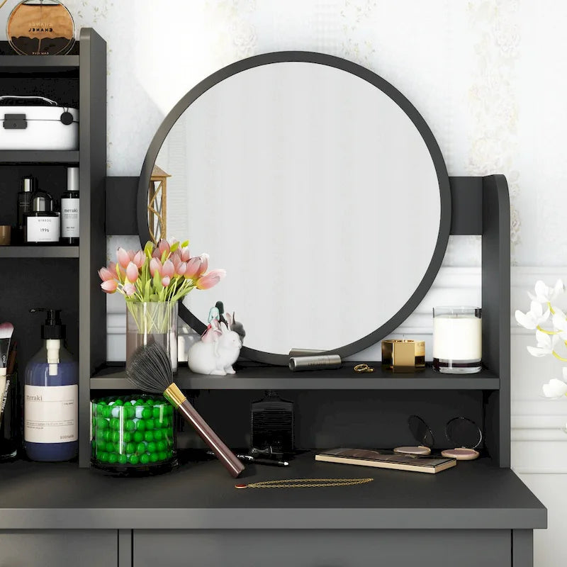 White Makeup Vanity Set with Round Mirror, 5 Drawers & 4 Shelves - 31.5" Dressing Table with Cushioned Stool
