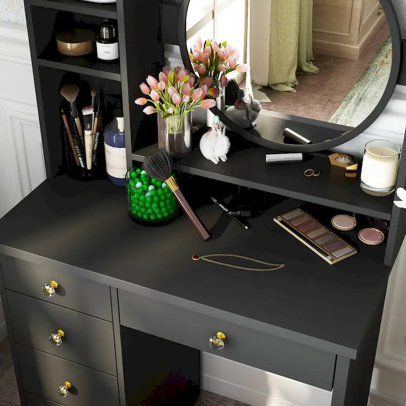 White Makeup Vanity Set with Round Mirror, 5 Drawers & 4 Shelves - 31.5" Dressing Table with Cushioned Stool