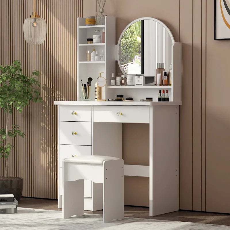 White Makeup Vanity Set with Round Mirror, 5 Drawers & 4 Shelves - 31.5" Dressing Table with Cushioned Stool