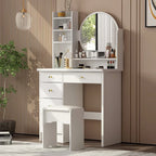 White Makeup Vanity Set with Round Mirror, 5 Drawers & 4 Shelves - 31.5" Dressing Table with Cushioned Stool