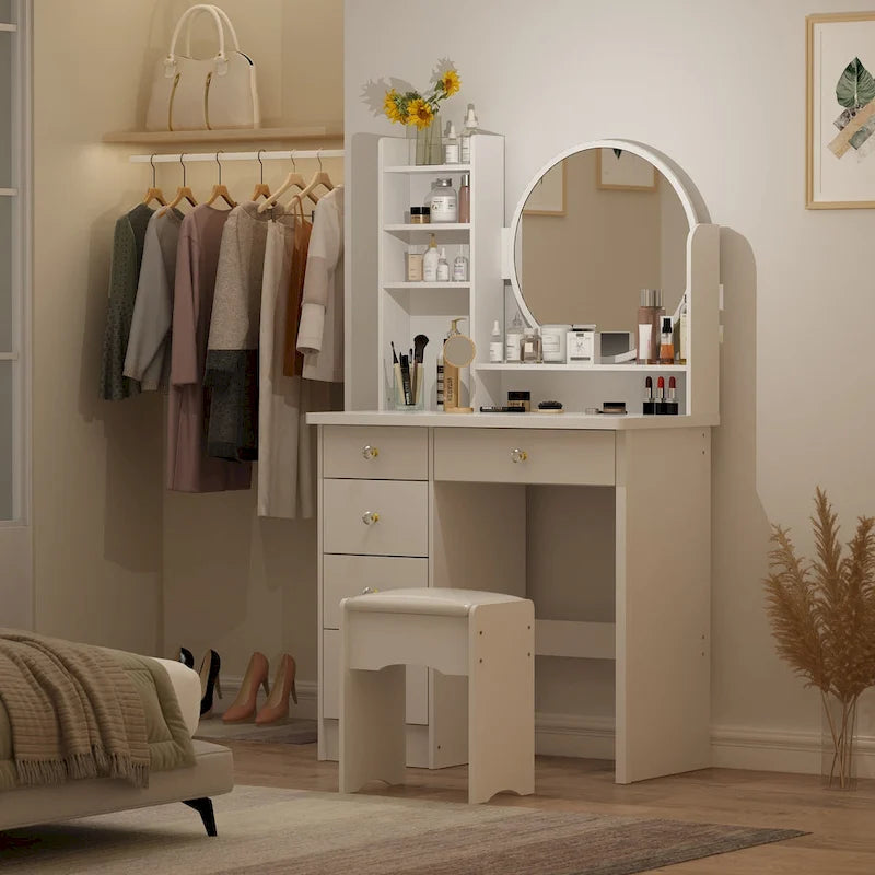 White Makeup Vanity Set with Round Mirror, 5 Drawers & 4 Shelves - 31.5" Dressing Table with Cushioned Stool
