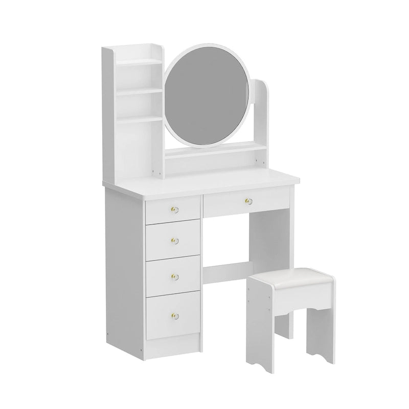 White Makeup Vanity Set with Round Mirror, 5 Drawers & 4 Shelves - 31.5" Dressing Table with Cushioned Stool