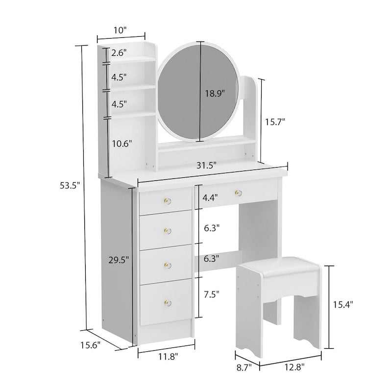 White Makeup Vanity Set with Round Mirror, 5 Drawers & 4 Shelves - 31.5" Dressing Table with Cushioned Stool