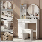 White Makeup Vanity Set with Round Mirror, 5 Drawers & 4 Shelves - 31.5" Dressing Table with Cushioned Stool