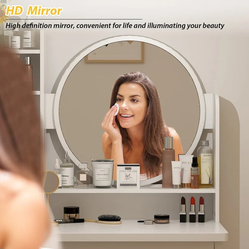 White Makeup Vanity Set with Round Mirror, 5 Drawers & 4 Shelves - 31.5" Dressing Table with Cushioned Stool