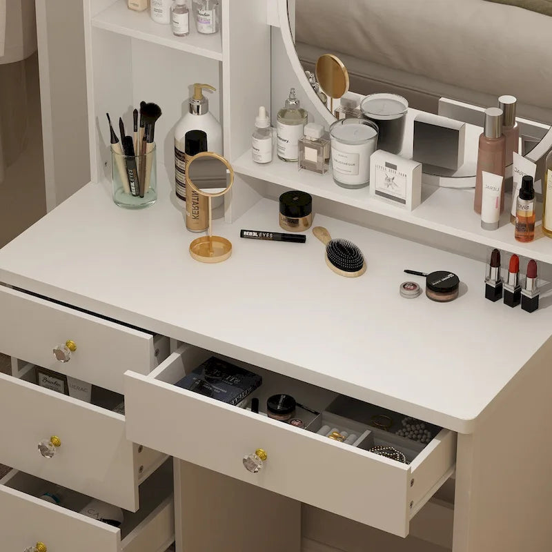 White Makeup Vanity Set with Round Mirror, 5 Drawers & 4 Shelves - 31.5" Dressing Table with Cushioned Stool