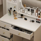 White Makeup Vanity Set with Round Mirror, 5 Drawers & 4 Shelves - 31.5" Dressing Table with Cushioned Stool