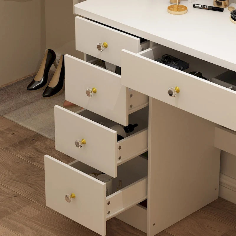 White Makeup Vanity Set with Round Mirror, 5 Drawers & 4 Shelves - 31.5" Dressing Table with Cushioned Stool