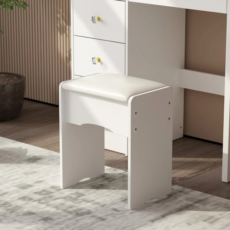 White Makeup Vanity Set with Round Mirror, 5 Drawers & 4 Shelves - 31.5" Dressing Table with Cushioned Stool