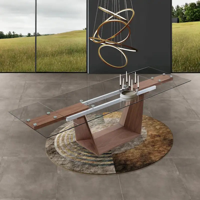 71-106 Inch Extendable Glass Top Dining Table with Walnut Veneer Wood Legs, Seats 6-10 People, Modern Design