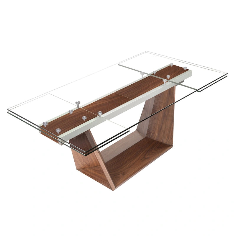 71-106 Inch Extendable Glass Top Dining Table with Walnut Veneer Wood Legs, Seats 6-10 People, Modern Design