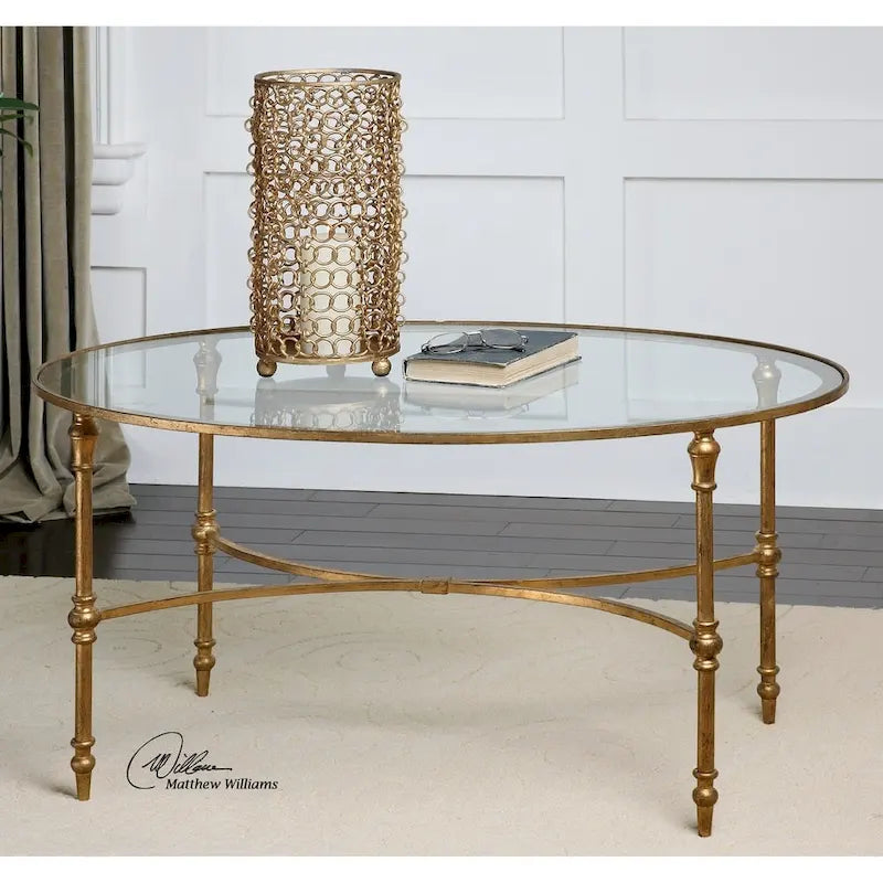 40-Inch Oval Gold Leaf Glass Coffee Table with Forged Iron Frame, Tempered Glass Top for Living Room