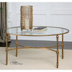 40-Inch Oval Gold Leaf Glass Coffee Table with Forged Iron Frame, Tempered Glass Top for Living Room