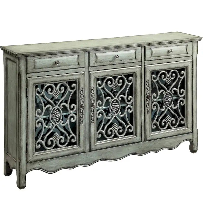 Antique Green Sideboard Cabinet 60W x 36H x 13D - 3 Drawers 3 Shelves - French Country Farmhouse Storage with Lattice Doors
