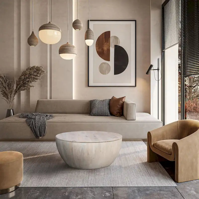 37 Inch Round Coffee Table, Handcrafted Drum Shape with Storage, Washed White Mango Wood