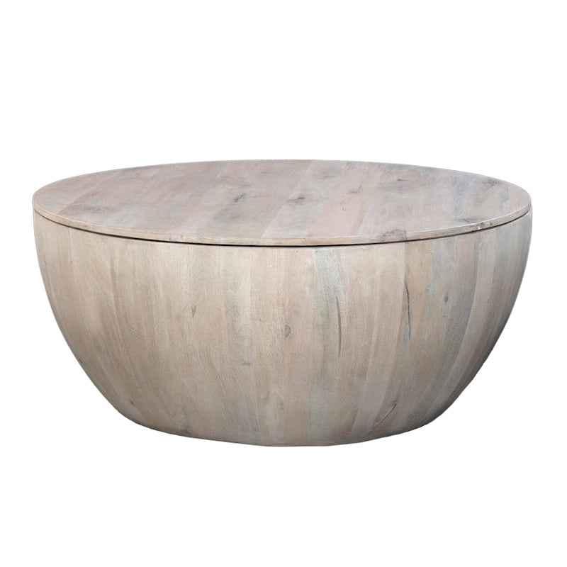 37" Round Mango Wood Coffee Table with Storage - Drum Shape White Washed Finish