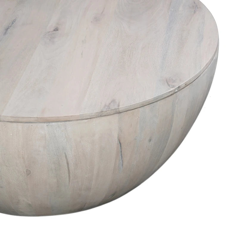 37" Round Mango Wood Coffee Table with Storage - Drum Shape White Washed Finish