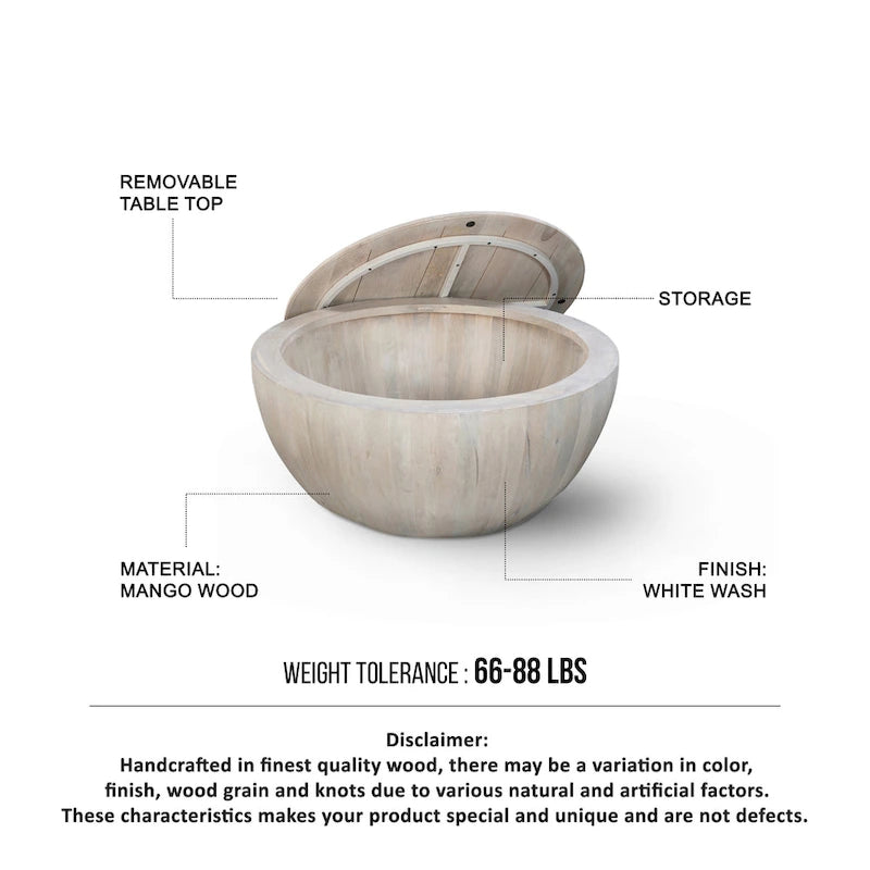 37" Round Mango Wood Coffee Table with Storage - Drum Shape White Washed Finish