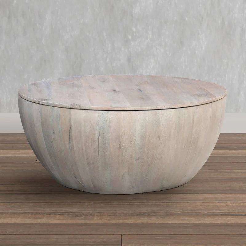 37" Round Mango Wood Coffee Table with Storage - Drum Shape White Washed Finish