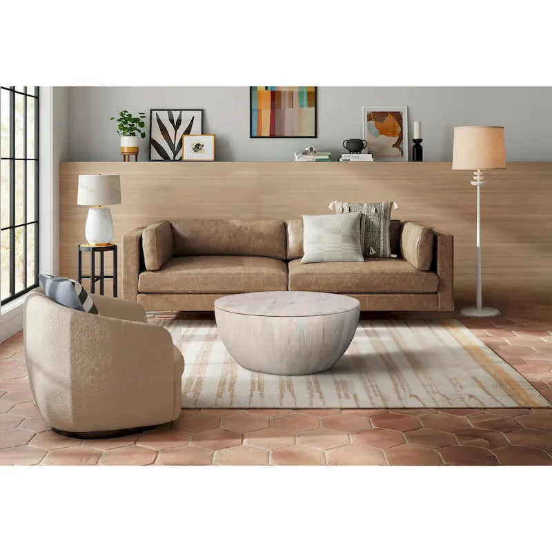 37" Round Mango Wood Coffee Table with Storage - Drum Shape White Washed Finish