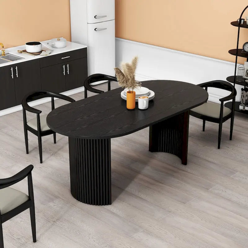 72" Oval Dining Table with Double Pedestal Base - Solid Wood Black Finish