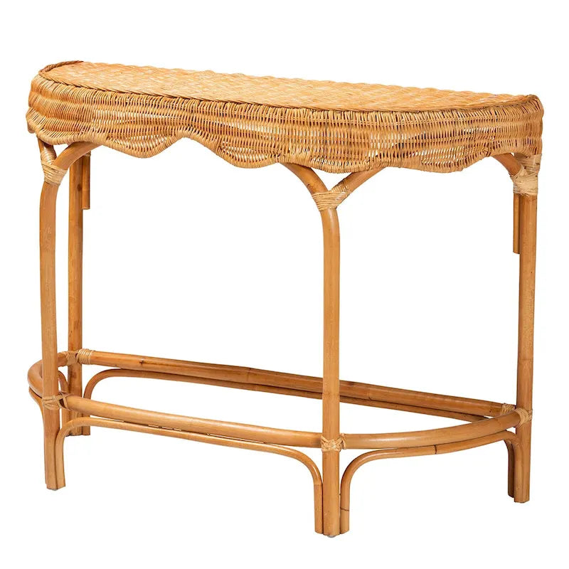 42-Inch Modern Bohemian Natural Rattan Console Table with Half-Moon Top, Scalloped Details for Entryway