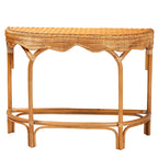 42-Inch Modern Bohemian Natural Rattan Console Table with Half-Moon Top, Scalloped Details for Entryway