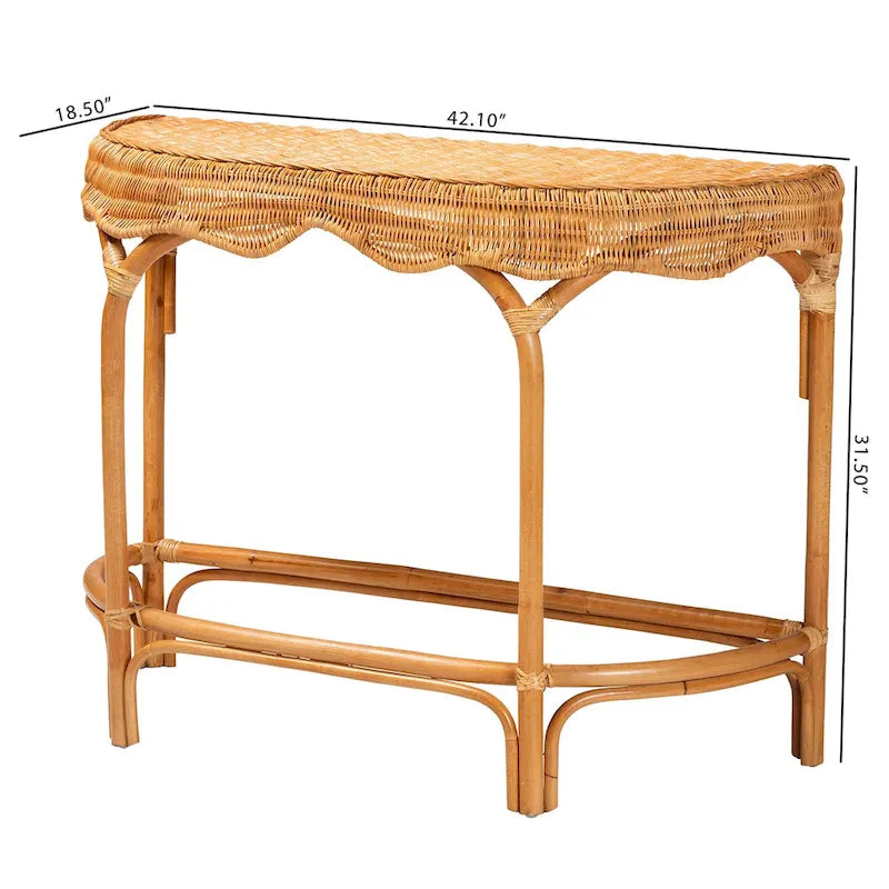 42-Inch Modern Bohemian Natural Rattan Console Table with Half-Moon Top, Scalloped Details for Entryway