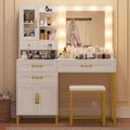 Vanity Desk with 10 LED Lighted Mirror, Bench, Charging Station, Glass Top, Drawers & Cabinet - Makeup Dressing Table Set