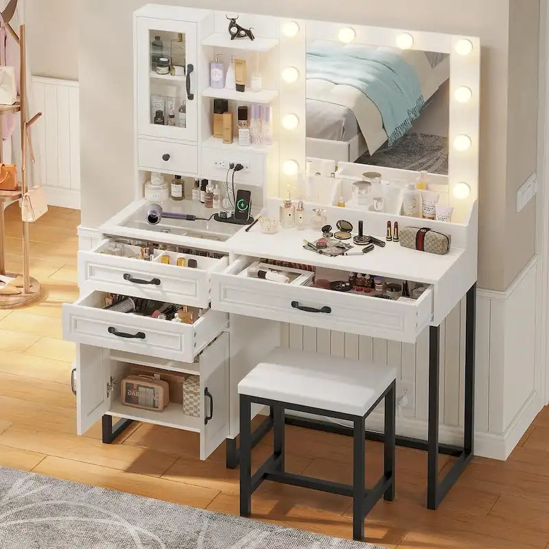 Vanity Desk with 10 LED Lighted Mirror, Bench, Charging Station, Glass Top, Drawers & Cabinet - Makeup Dressing Table Set